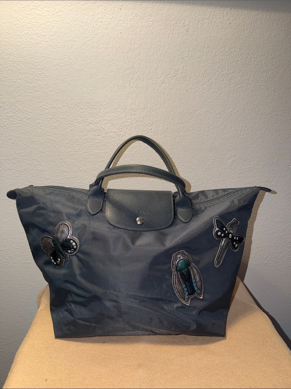 Longchamp Purple Embroidered Patches Nylon and Leather Le Pliage Tote